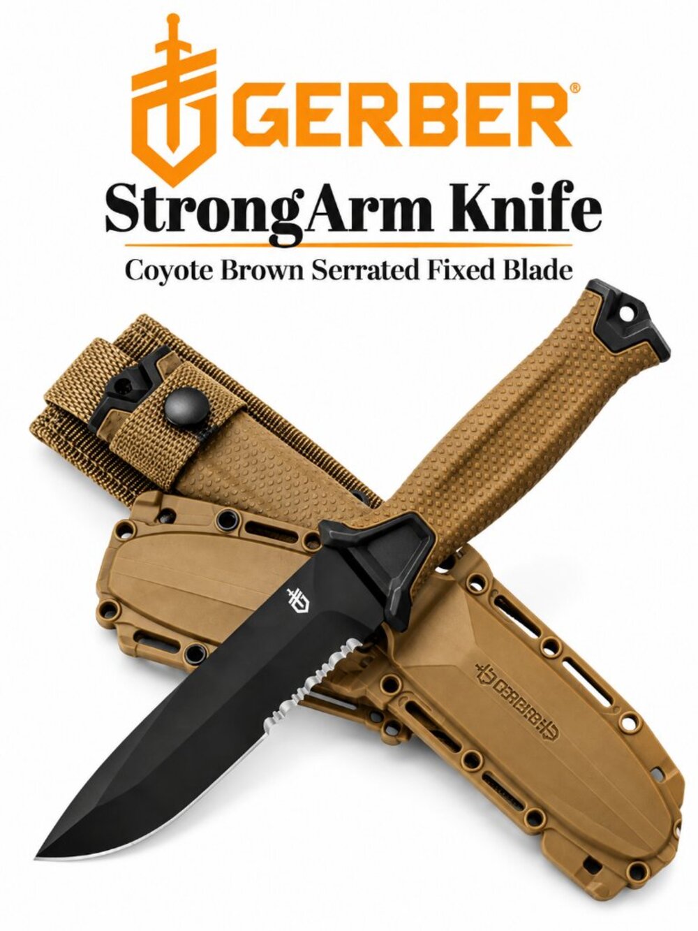 Gerber StrongArm Knife, Coyote Brown Serrated Fixed Blade with Cut - (USA)